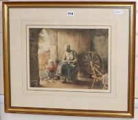 George Conrad Roller (1858-1941), interior scene with peasant woman, child and spinning wheel,