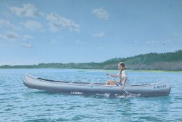 John Crosfield, oil on canvas, Canoeist on a lake, signed and dated '74, 60 x 91cm. unframed