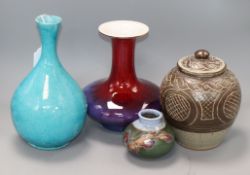 A turquoise glazed art pottery vase, a Chinese flambe vase and two studio pottery vessels