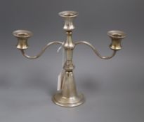 A modern silver two branch, three light candelabrum by Reid & Sons, height 21.5cm.