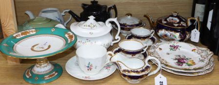 A collection of English tea wares, comprising five teapots, including 19th century sprig-