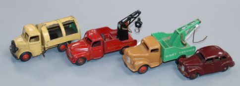 Three Dinky breakdowns and one Dinky Austin Devon car (including Bedford, Commer and French Dinky
