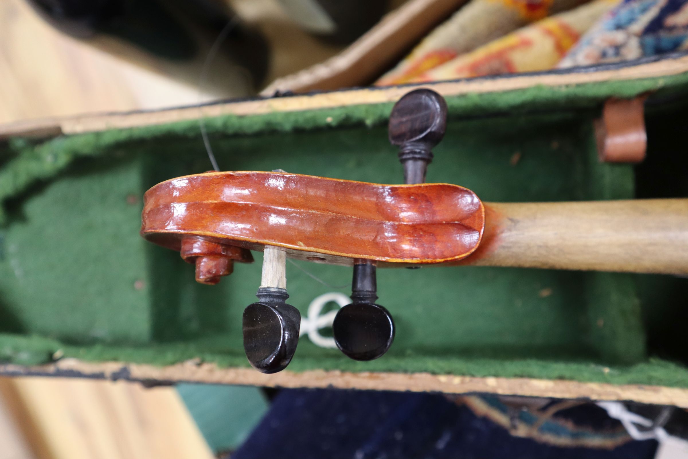 A German three-quarter size violin and bow, cased - Image 10 of 11