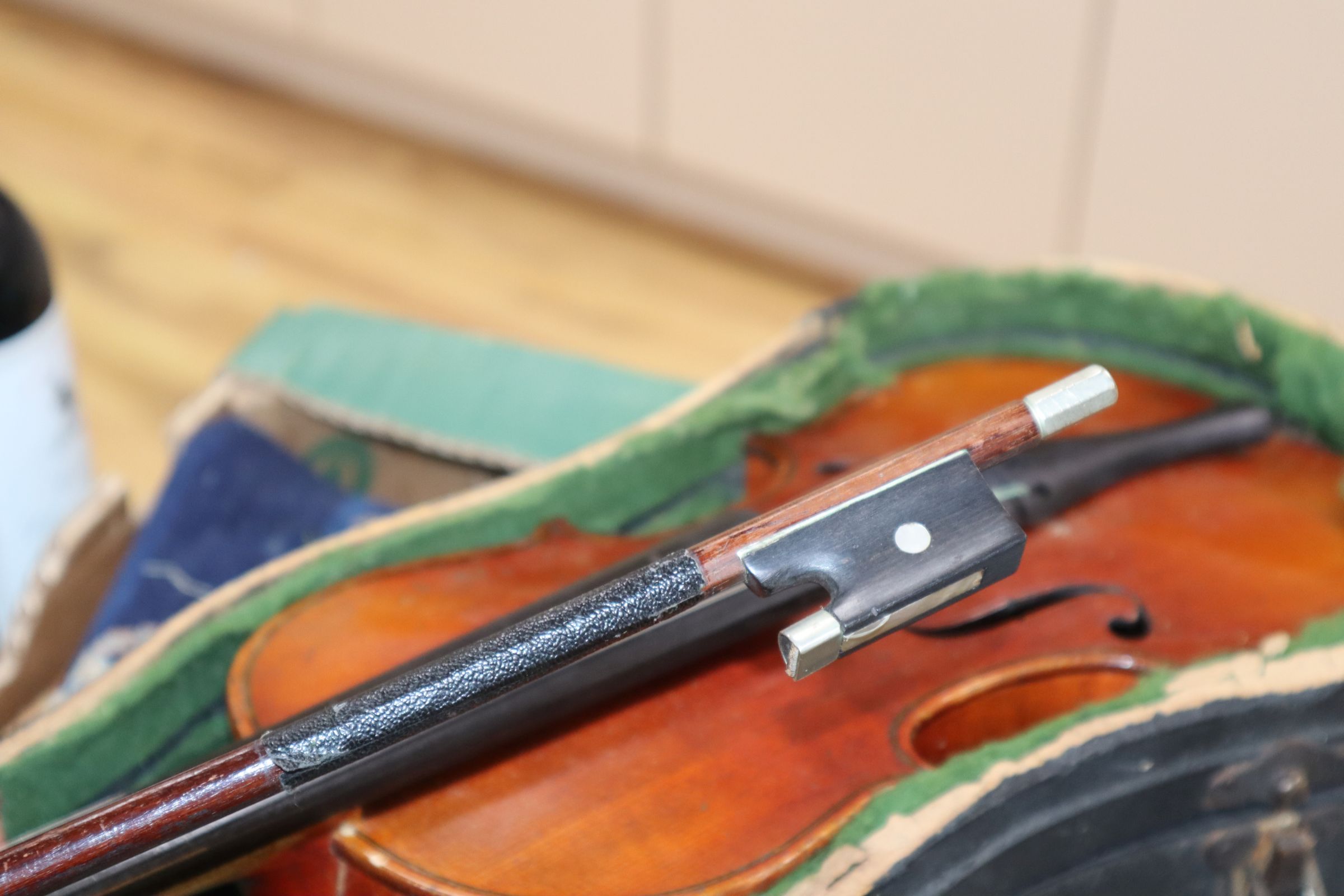 A German three-quarter size violin and bow, cased - Image 5 of 11