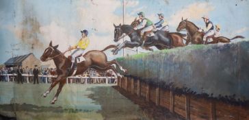 Patrick Johnson, large oil on board, Horse racing scene, 122 x 242cm, unframed