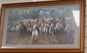 Barrie Clark, colour print, Spitfire, 50 x 100cm and two prints of battle scenes