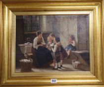 French School, 19th century interior with a family group, oil on board, Royall Fine Art label verso,