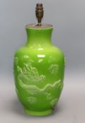 A Chinese green crackle glaze 'dragon' vase converted to a lamp.