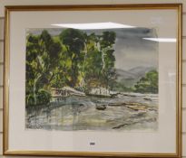 Luke Piper (1966-), ink and watercolour, Kambadaga down stream with figures, CCA label verso, 44 x