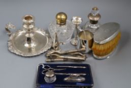 Two silver-mounted cut glass toilet bottles, a silver-mounted manicure set (cased) and sundries,