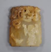 A Chinese pale celadon and russet jade plaque 6cm long x 5cm wide