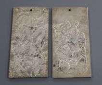 Two Chinese white metal plaques 10cm high x 5cm wide