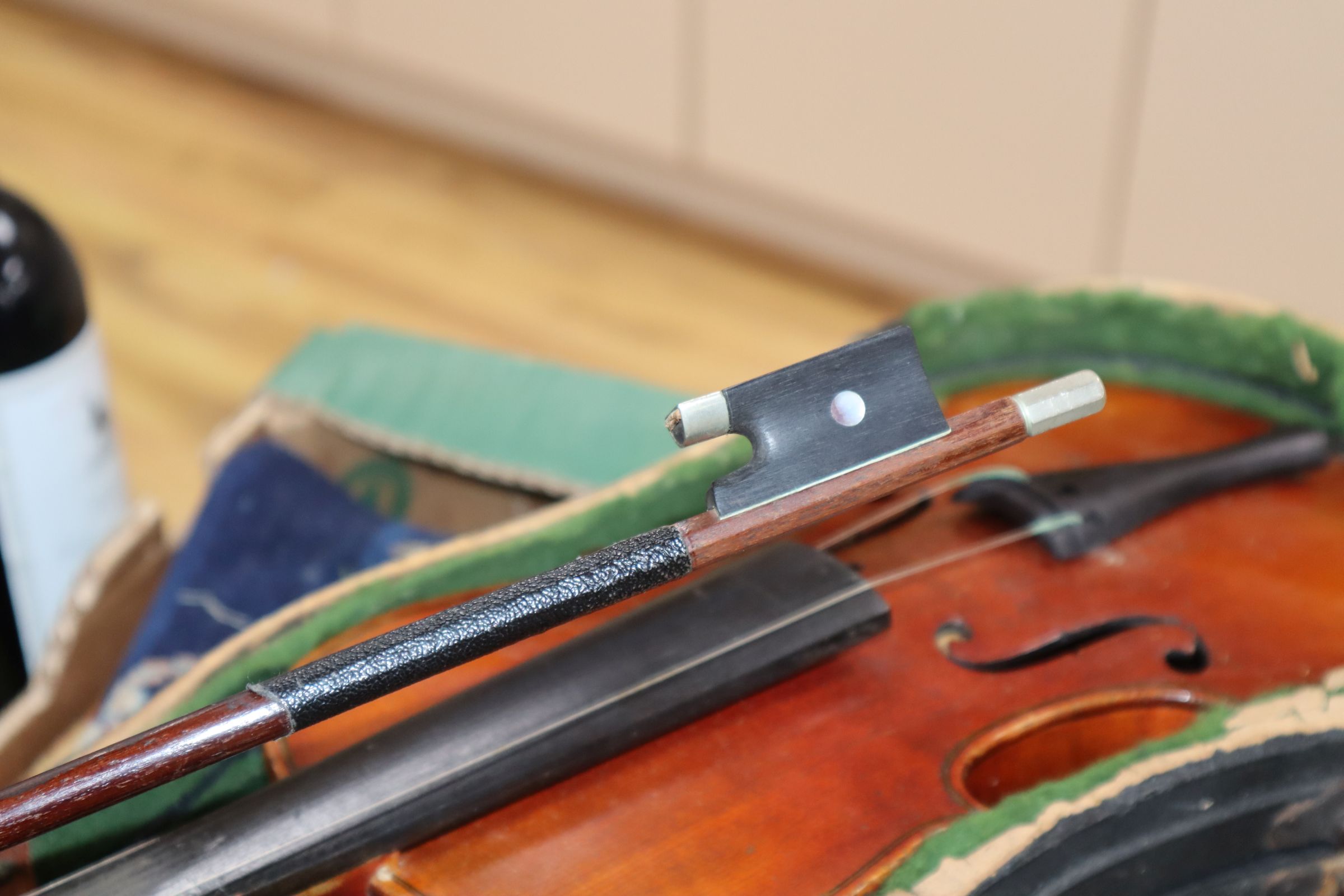 A German three-quarter size violin and bow, cased - Image 2 of 11