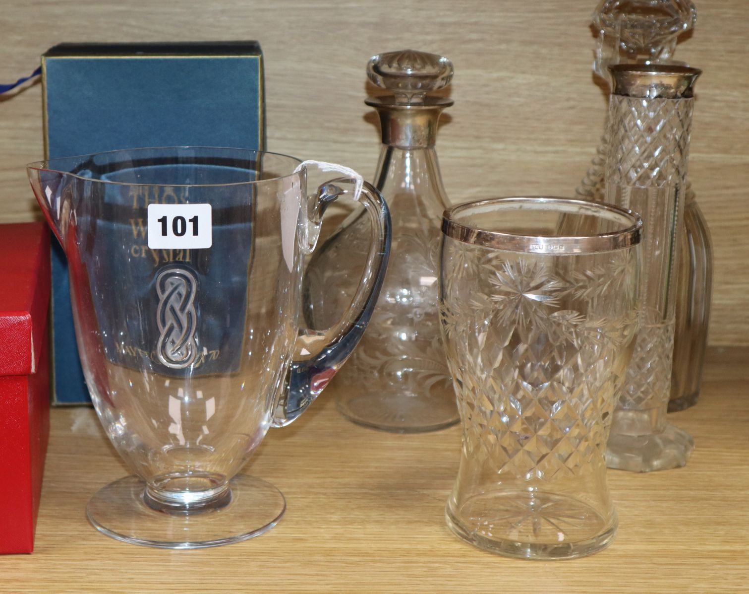 A Lalique 'Guebwiller' lemonade jug and six other glass items, comprising a cut and engraved bulbous