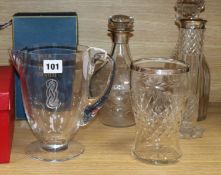 A Lalique 'Guebwiller' lemonade jug and six other glass items, comprising a cut and engraved bulbous