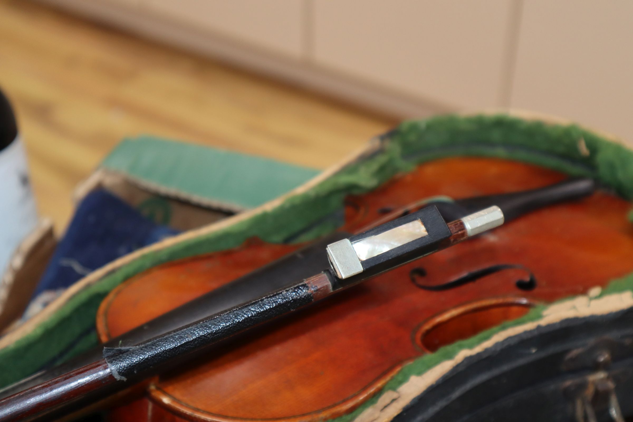 A German three-quarter size violin and bow, cased - Image 3 of 11