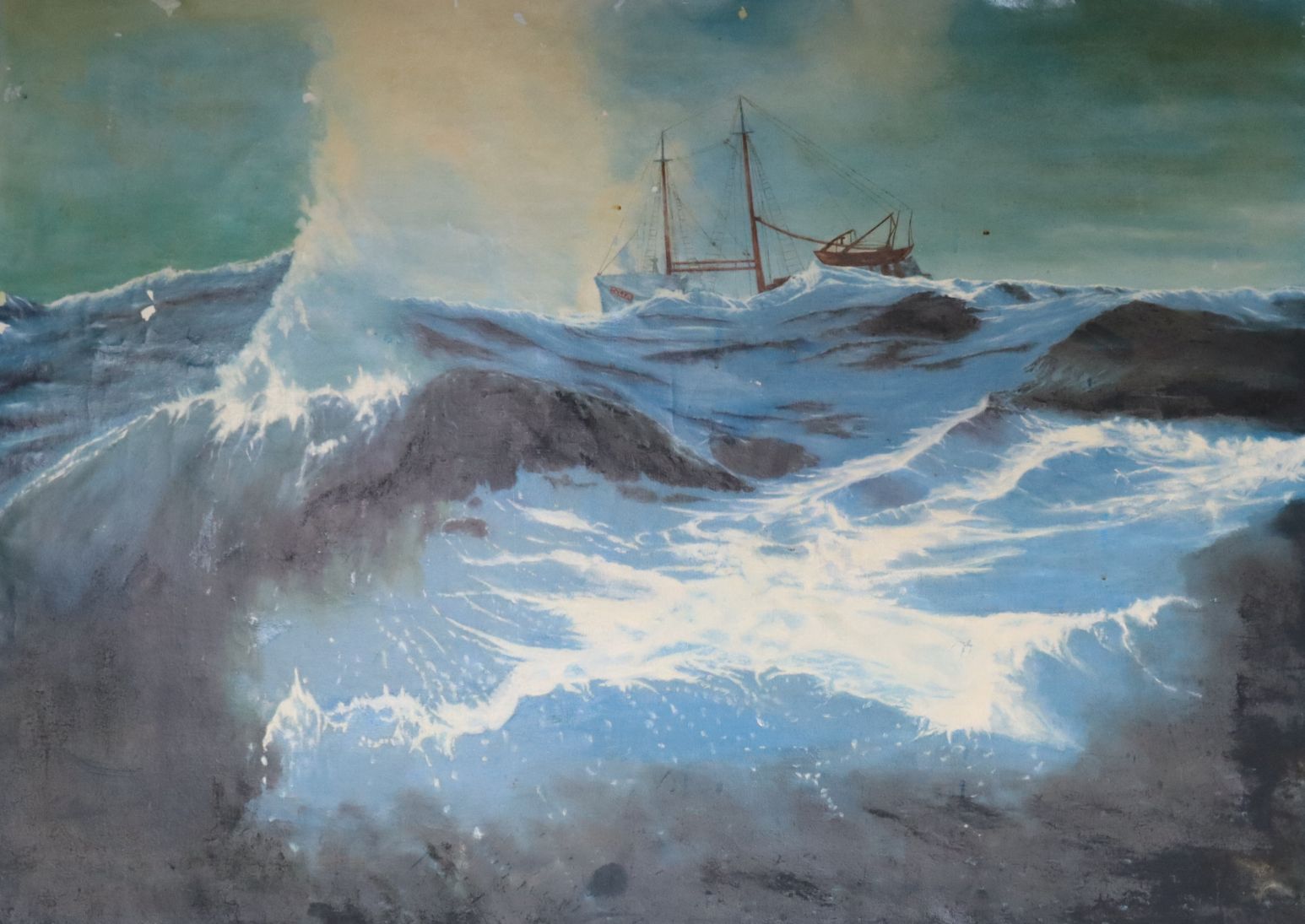 A Mackie, oil on canvas, Trawler 'Celia' on the high seas, signed, 81 x 111cm unframed. - Image 2 of 2