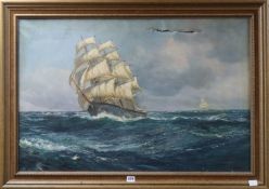 John McBride, oil on canvas, Clipper at sea, 60 x 90cm.