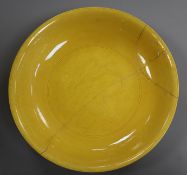 A Chinese yellow ground 'dragon' dish, Yongzheng mark, late 19th/early 20th century 23cm diameter