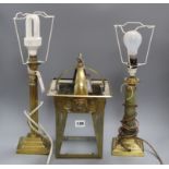An Art Nouveau design brass hall lantern, a brass corinthian column table lamp and a brass and