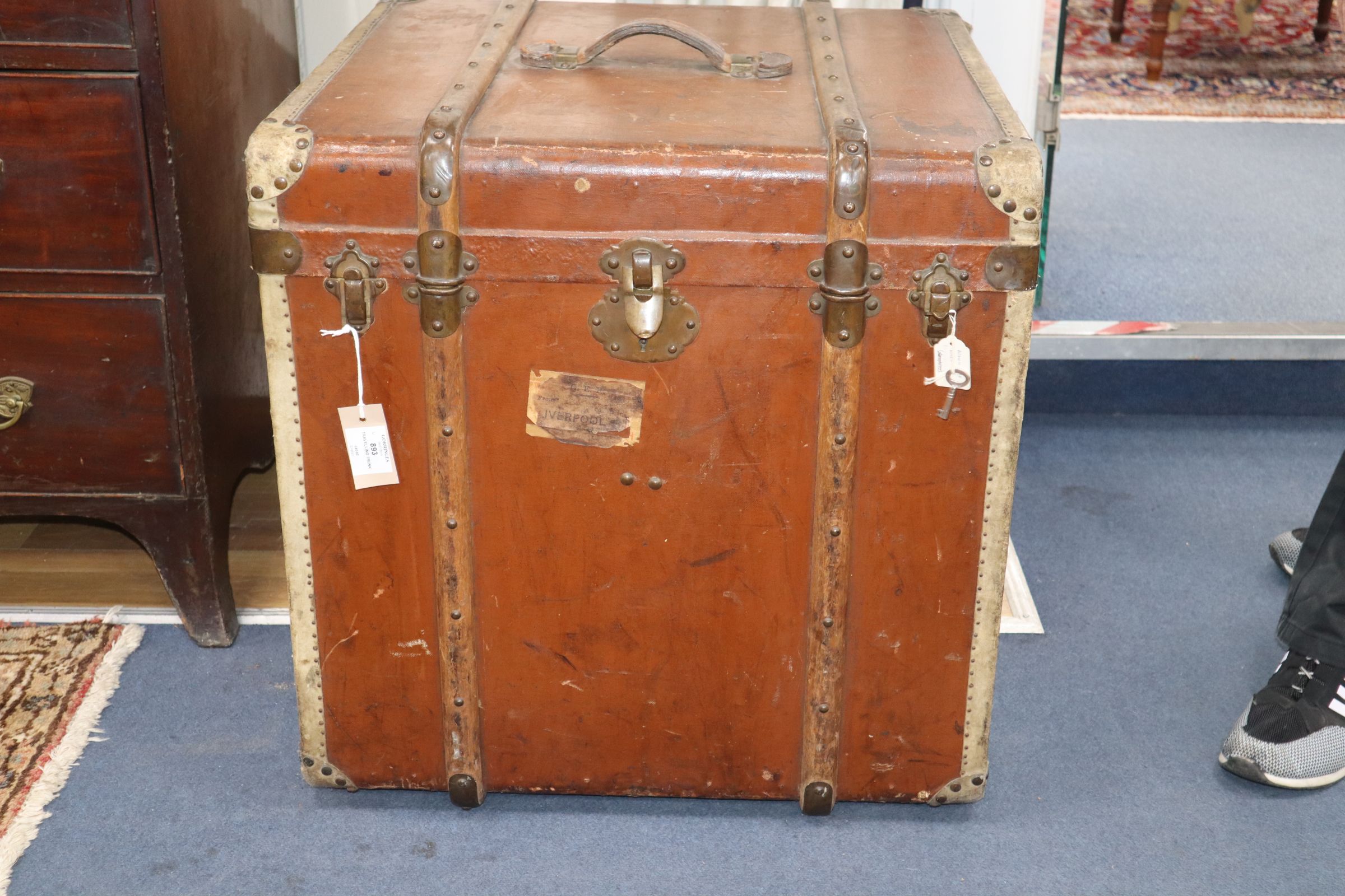 A Victorian leather covered wooden bound trunk W.60cm - Image 2 of 11
