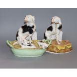 A Staffordshire porcelain group of a pointer and three puppies and a similar figure of a foxhound,