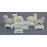 Three pairs of Staffordshire porcelain figures of a ram and ewe, c.1830-50, each with gilt
