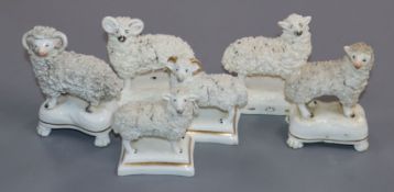 Three pairs of Staffordshire porcelain figures of a ram and ewe, c.1830-50, each with gilt