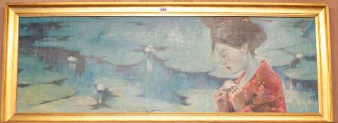 English School, oil on canvas, Geisha and waterlilies, 40 x 120cm.