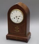 An Edwardian brass-inlaid mahogany lancet mantel clock, retailed by Elkington & Co. Ltd height 34cm