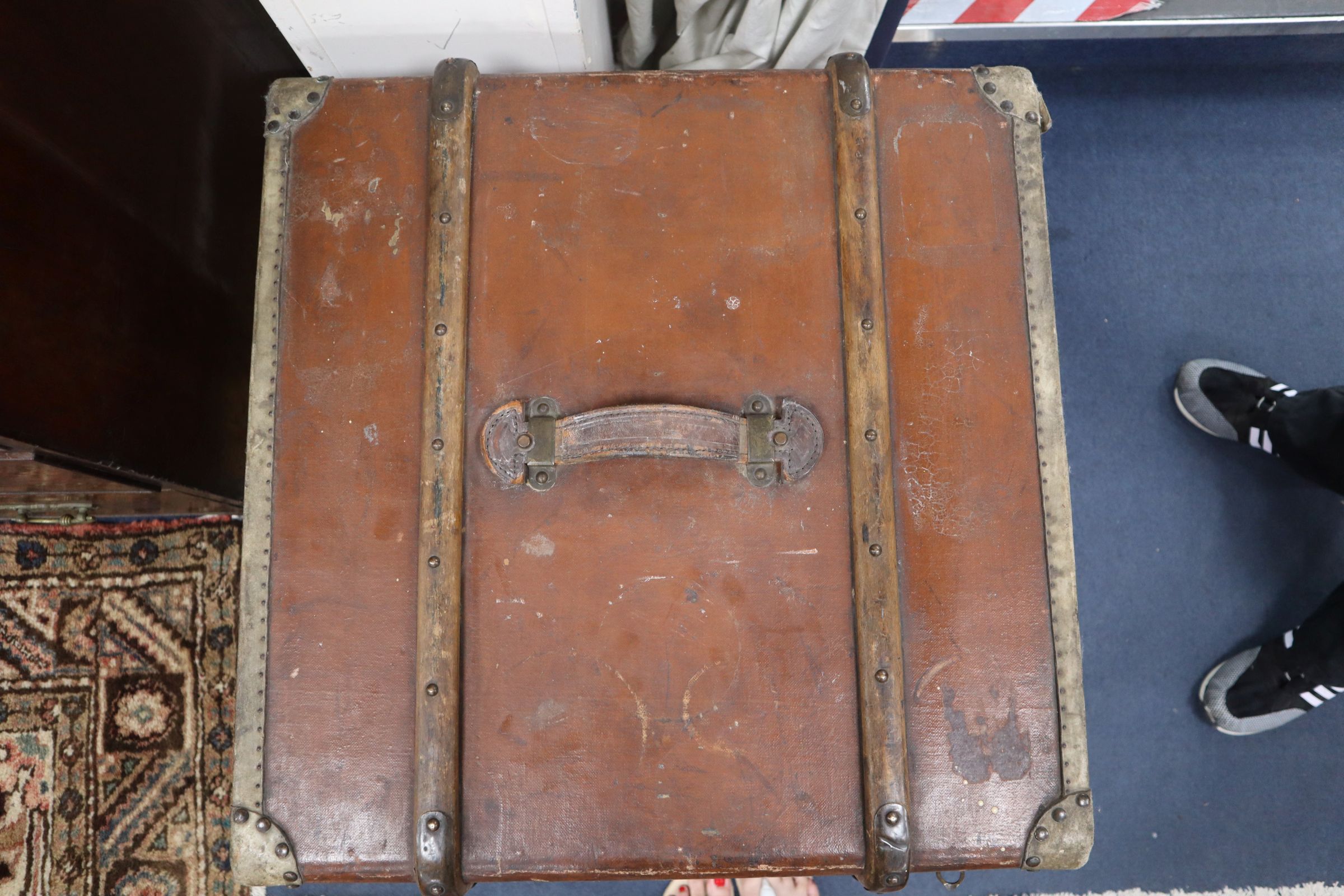 A Victorian leather covered wooden bound trunk W.60cm - Image 3 of 11