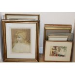 A group of assorted pictures and prints including a watercolour of a child, 29 x 22cm