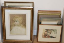 A group of assorted pictures and prints including a watercolour of a child, 29 x 22cm