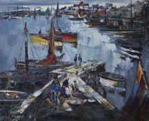 C. Ghazpides, oil on canvas, Fishing boats in harbour, signed, 52 x 64cm