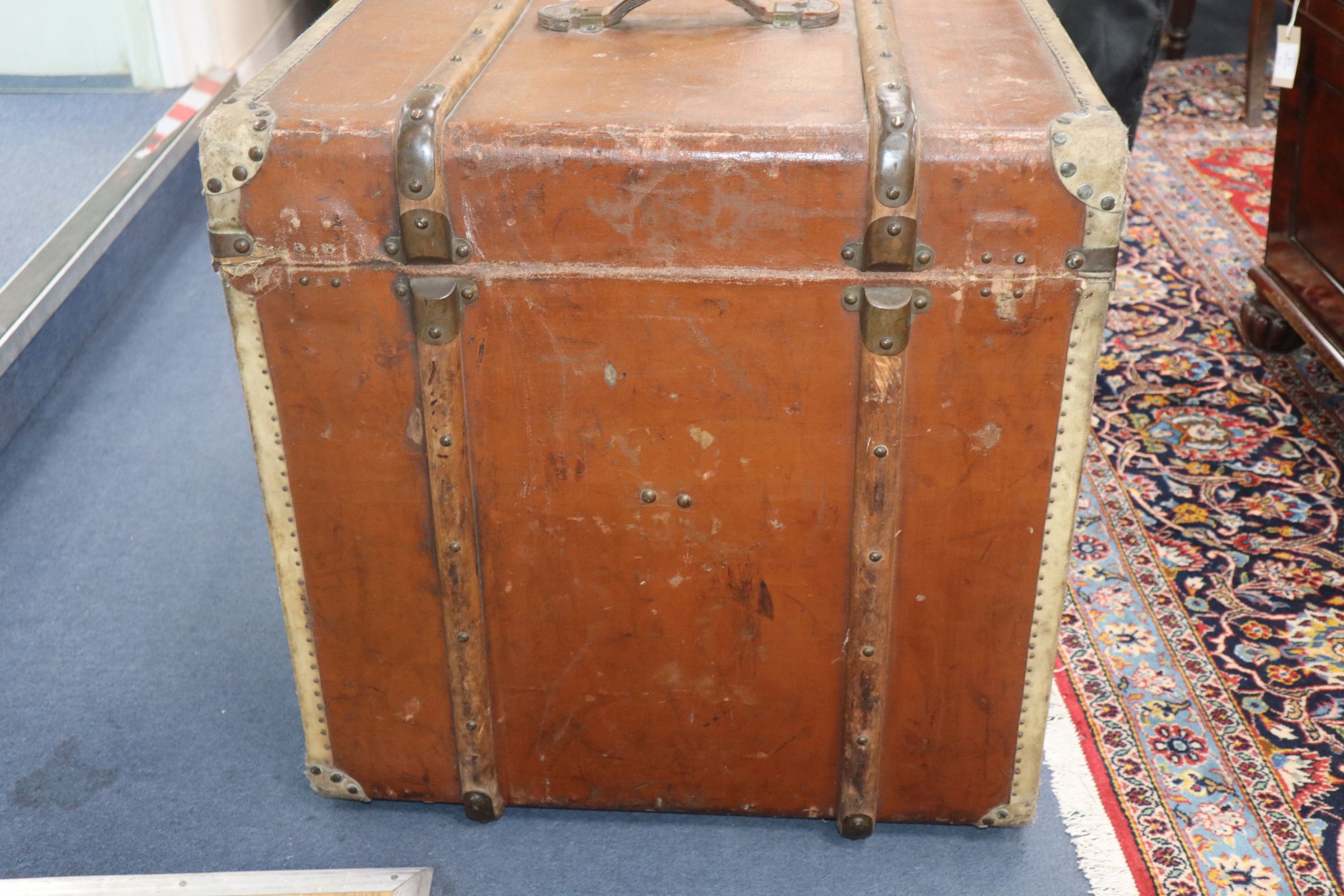 A Victorian leather covered wooden bound trunk W.60cm - Image 10 of 11