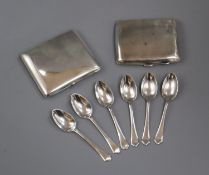 Two cigarette cases, silver and 800 and a set of six silver coffee spoons.