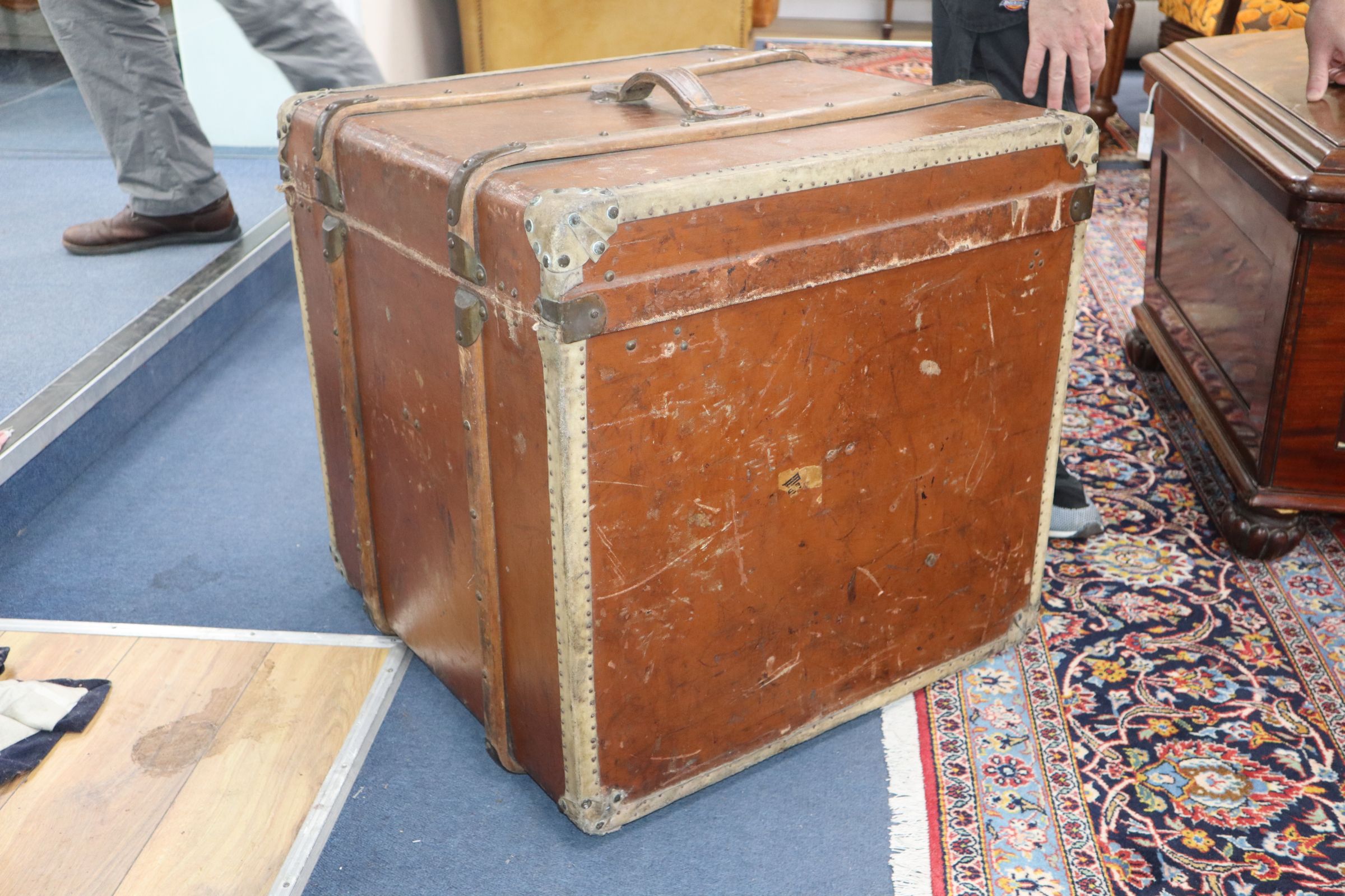 A Victorian leather covered wooden bound trunk W.60cm - Image 8 of 11