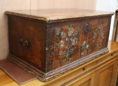 An 18th century Continental painted pine trunk W.99cm