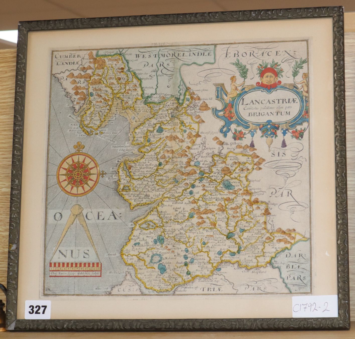 Blaeu?, 17th century engraved map of Lancastriae, 30 x 31cm