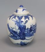 A Chinese blue and white figural jar and cover, Kangxi mark, Qing dynasty height 27cm