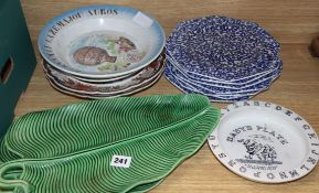 A collection of Victorian plates and dishes including a sarcophagus ballooning interest bowl and a