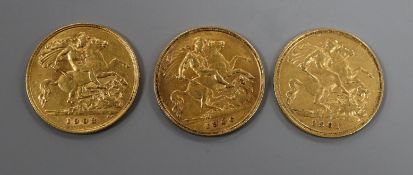 Three gold half sovereigns, 1901, 1906 and 1908.