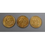 Three gold half sovereigns, 1901, 1906 and 1908.