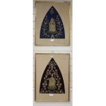 A pair of 19th century Spanish metal and silk thread embroideries Madonna and child and a bishop