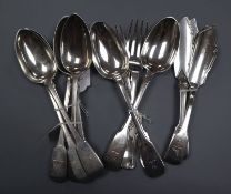 Five George III silver fiddle pattern table spoons, London, 1814 two pairs of Victorian butter