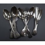 Five George III silver fiddle pattern table spoons, London, 1814 two pairs of Victorian butter