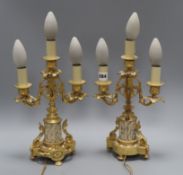 A pair of ormolu three light candelabra