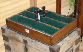 A mahogany cutlery tray and a pine metal bound trunk