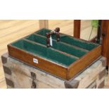 A mahogany cutlery tray and a pine metal bound trunk