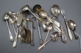 A small group of mixed silver flatware including two 19th century caddy spoons.